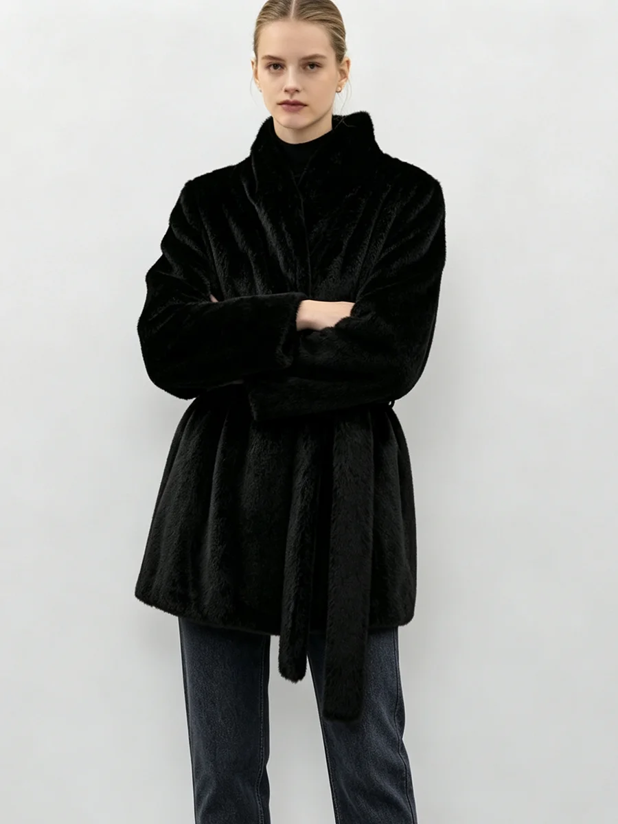 LIMO Women Faux Mink Fur Coat Wrap Belted Waist Stand Collar Long Sleeve Loose Warm Winter Elegant Ladies Plush Outerwear