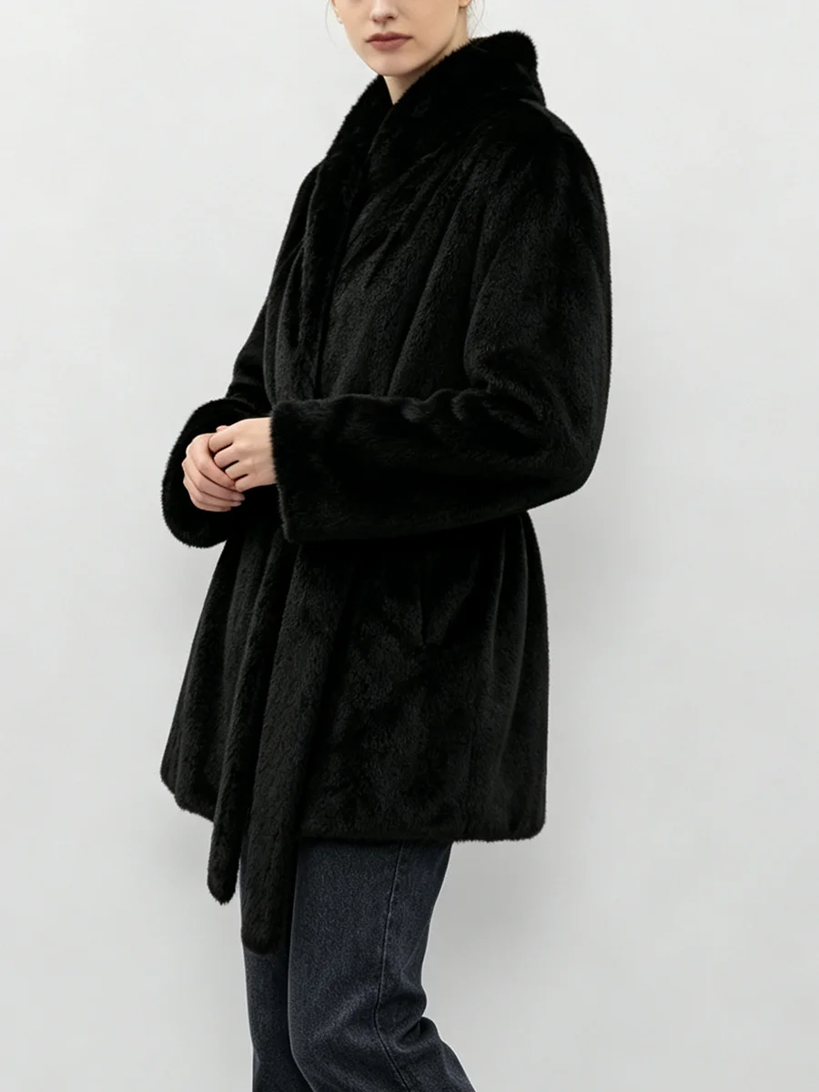 LIMO Women Faux Mink Fur Coat Wrap Belted Waist Stand Collar Long Sleeve Loose Warm Winter Elegant Ladies Plush Outerwear