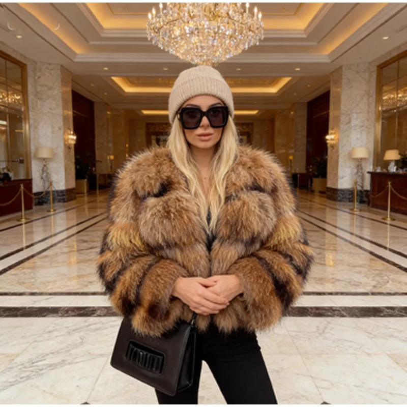 Luxury Two-tone Faux Fur Short Coat Women Fashion Full Sleeve Loose Warm Cropped Jackets Lady Winter Daily Highstreet Outerwear