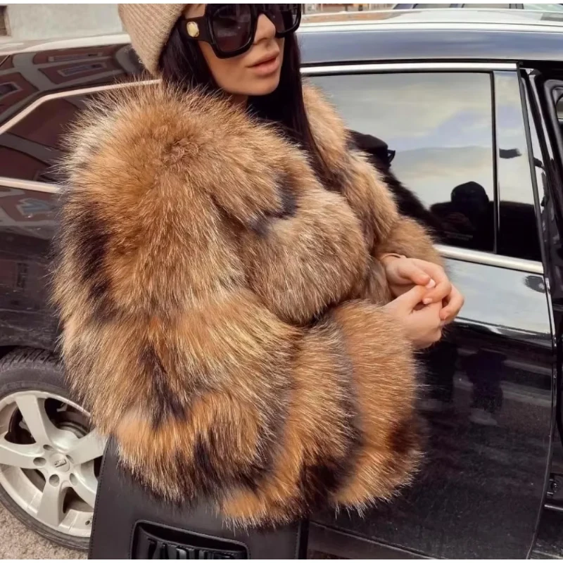 Luxury Two-tone Faux Fur Short Coat Women Fashion Full Sleeve Loose Warm Cropped Jackets Lady Winter Daily Highstreet Outerwear