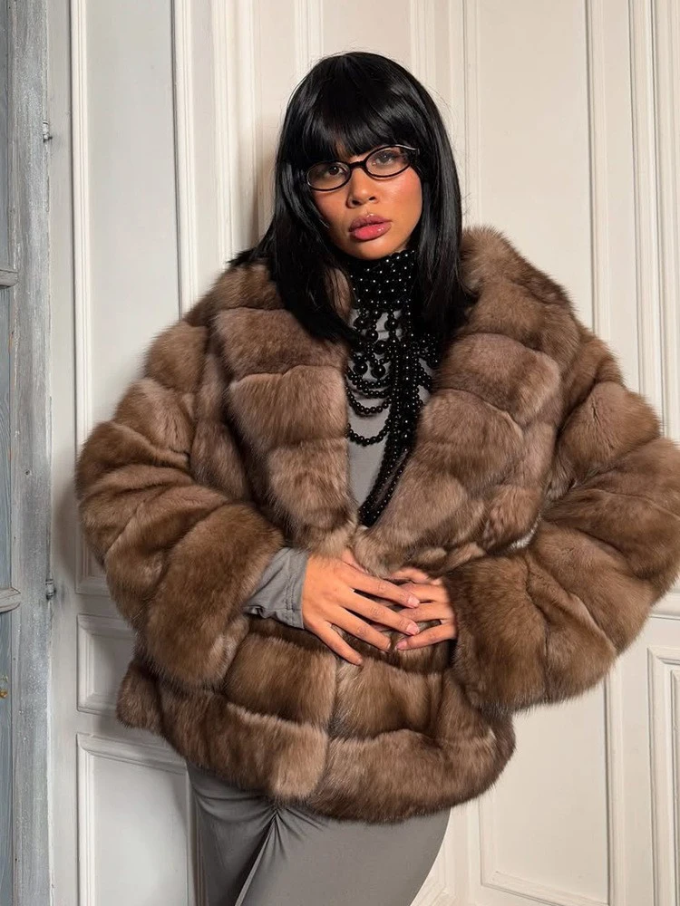 Luxury Two-tone Faux Fur Short Coat Women Fashion Full Sleeve Loose Warm Cropped Jackets Lady Winter Daily Highstreet Outerwear