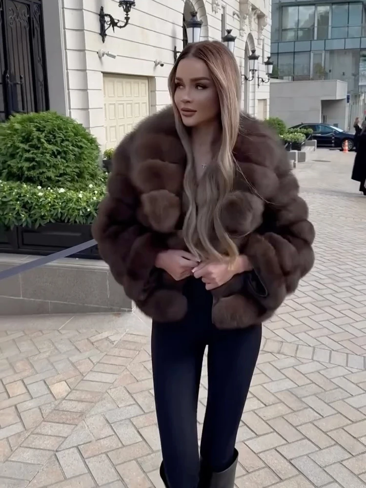 Luxury Two-tone Faux Fur Short Coat Women Fashion Full Sleeve Loose Warm Cropped Jackets Lady Winter Daily Highstreet Outerwear