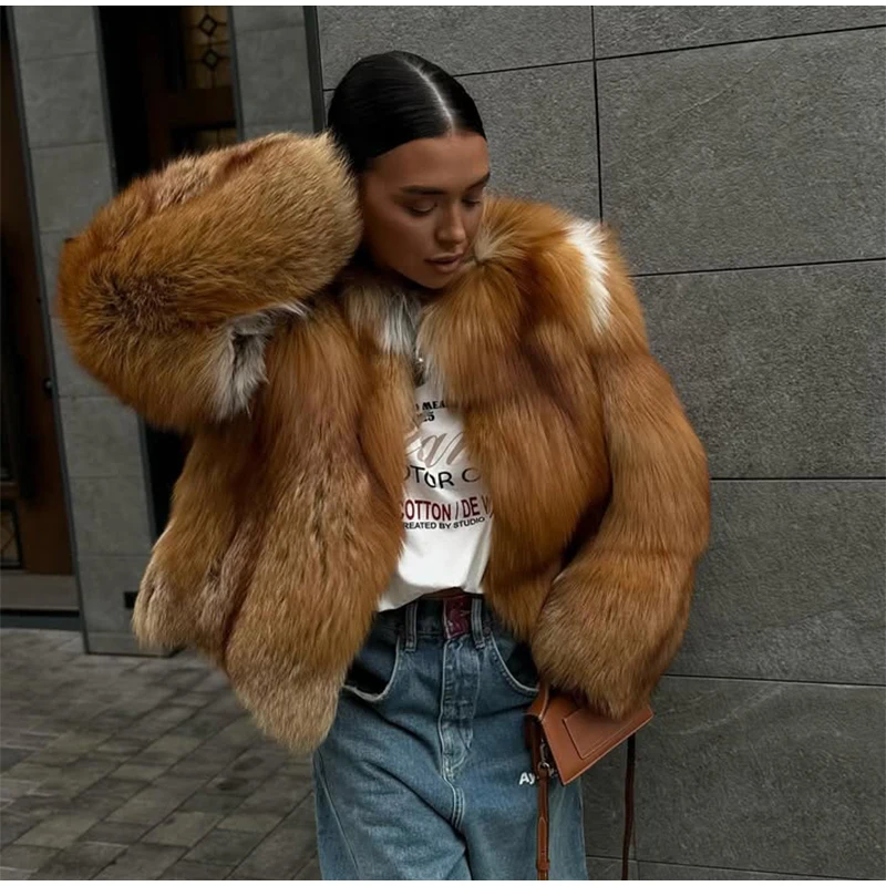 Luxury Two-tone Faux Fur Short Coat Women Fashion Full Sleeve Loose Warm Cropped Jackets Lady Winter Daily Highstreet Outerwear