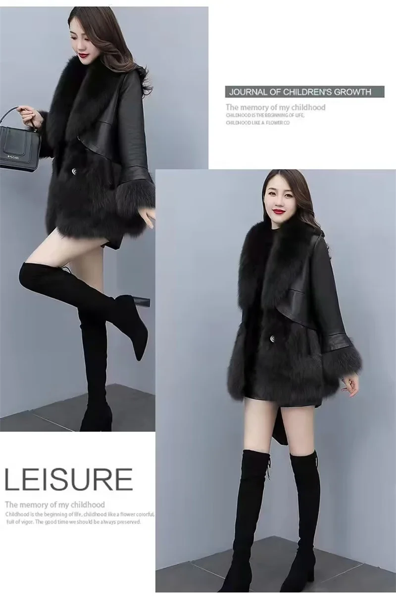 2025 Women Mid-Long Style Faux Fur Jacket Winter Female Pu Leather Splicing Fur Outwear Ladies Long Sleeve Thicken Warm Fur Coat