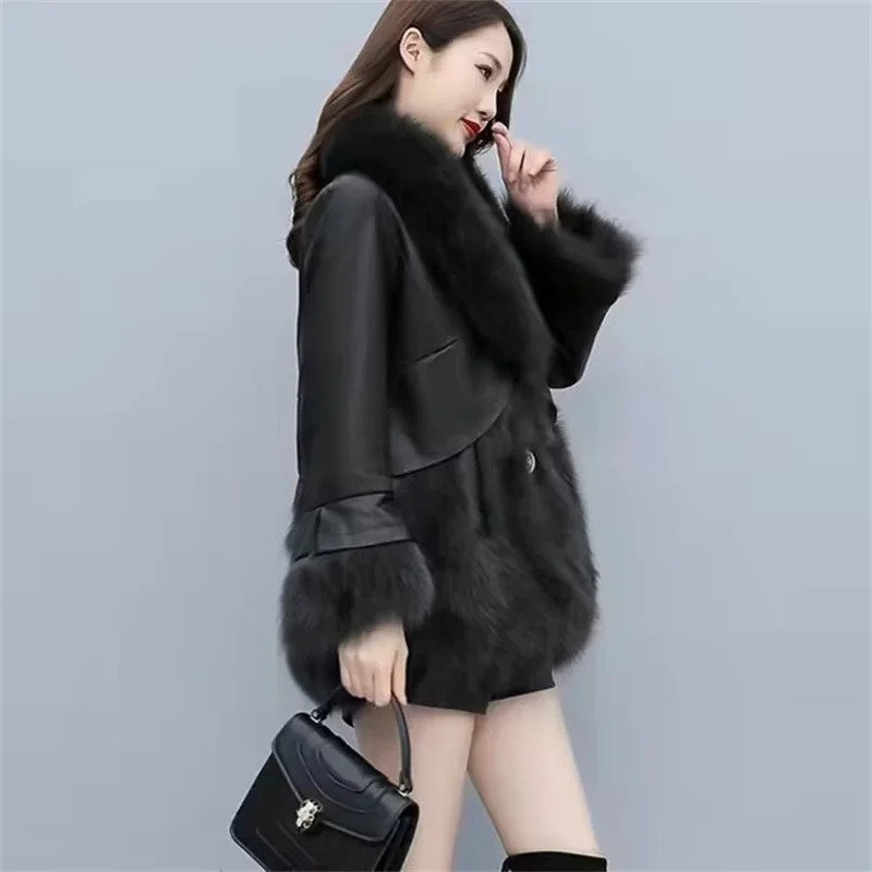 2025 Women Mid-Long Style Faux Fur Jacket Winter Female Pu Leather Splicing Fur Outwear Ladies Long Sleeve Thicken Warm Fur Coat