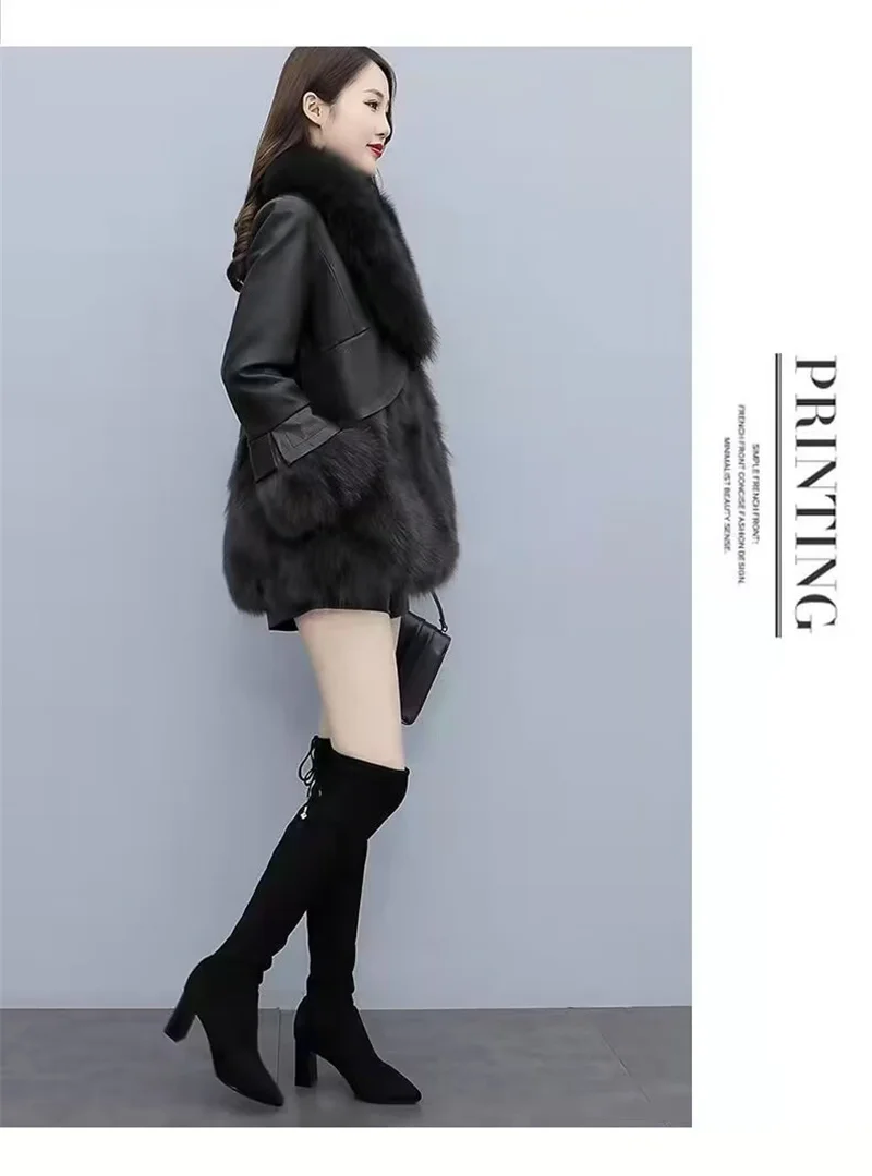 2025 Women Mid-Long Style Faux Fur Jacket Winter Female Pu Leather Splicing Fur Outwear Ladies Long Sleeve Thicken Warm Fur Coat