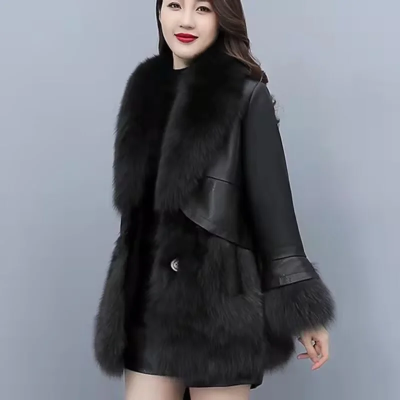 2025 Women Mid-Long Style Faux Fur Jacket Winter Female Pu Leather Splicing Fur Outwear Ladies Long Sleeve Thicken Warm Fur Coat
