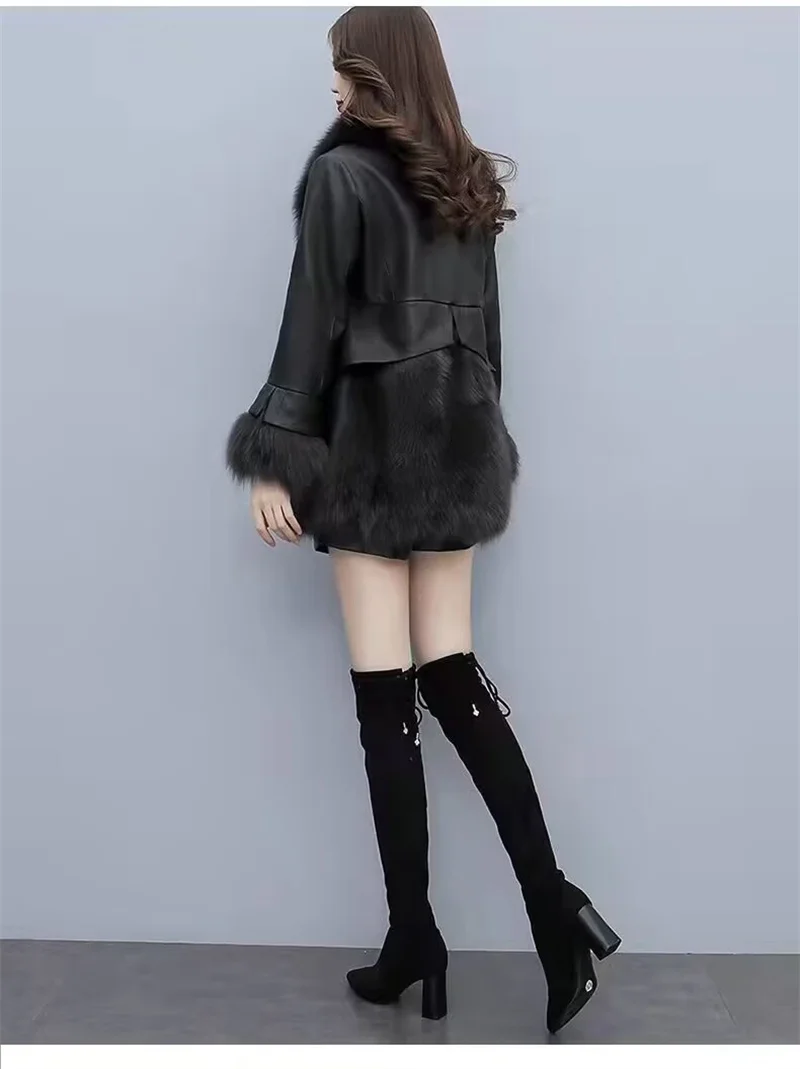 2025 Women Mid-Long Style Faux Fur Jacket Winter Female Pu Leather Splicing Fur Outwear Ladies Long Sleeve Thicken Warm Fur Coat