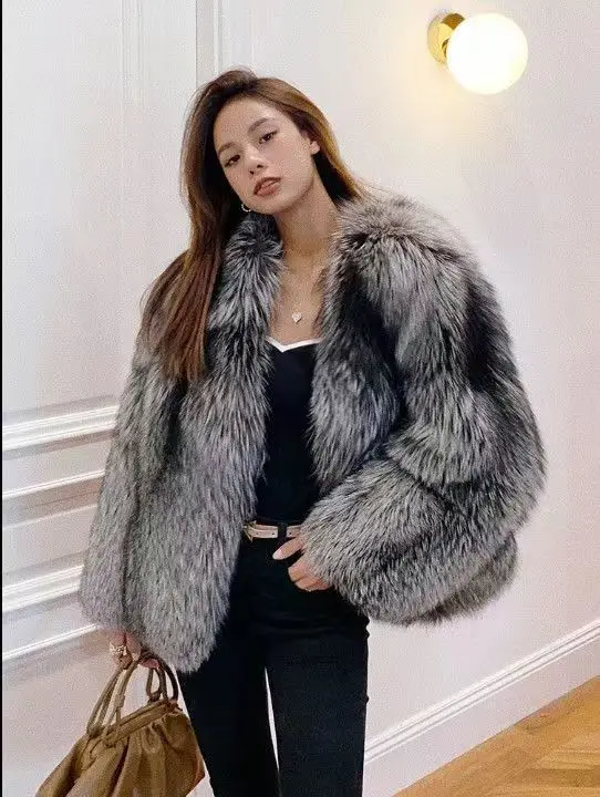 Women's fur coat short style fashion imitation fox hair whole fur coat autumn winter new casual lady jacket