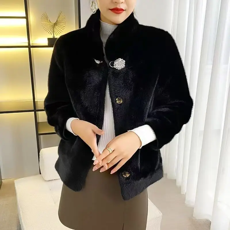 Women New Gold Mink Fur Coat with Fur Integrated Fur Short Jacket for Women, Thickened Mother Outfit, Standing Collar 001 Style