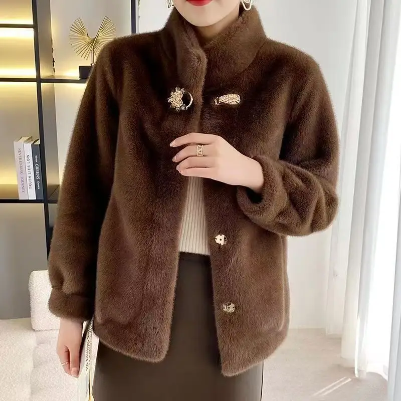 Women New Gold Mink Fur Coat with Fur Integrated Fur Short Jacket for Women, Thickened Mother Outfit, Standing Collar 001 Style