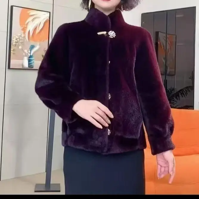 Women New Gold Mink Fur Coat with Fur Integrated Fur Short Jacket for Women, Thickened Mother Outfit, Standing Collar 001 Style