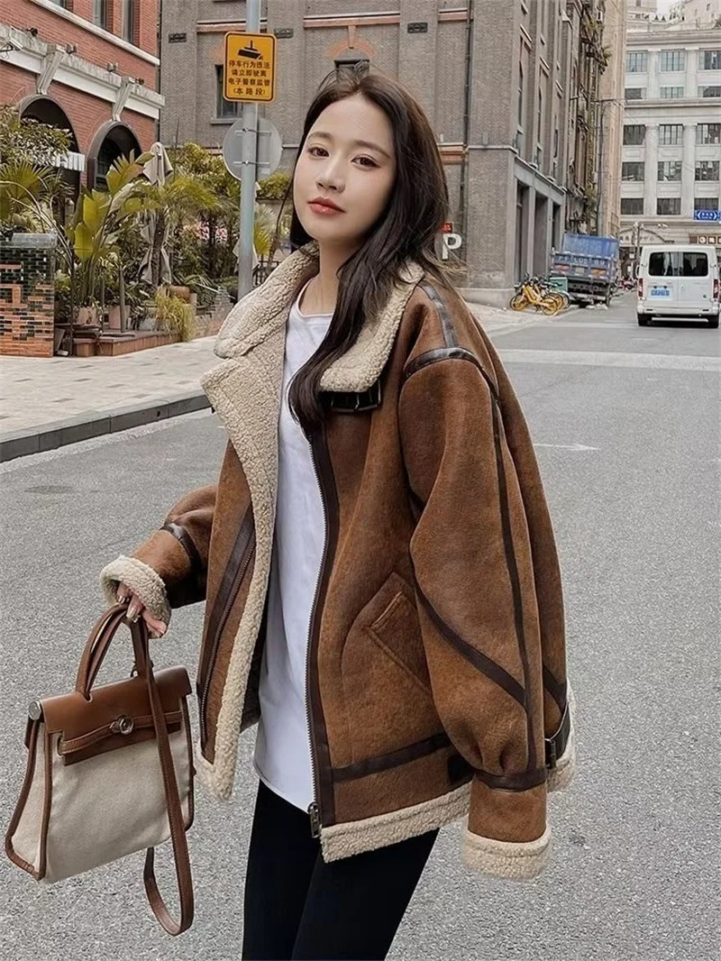 Vintage Lamb Fur Coat For Women Autumn Winter 2026 New Loose Korean Motorcycle Suit Thickened Jacket Caramel Coat For Women