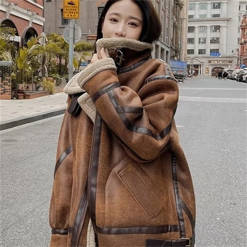 Vintage Lamb Fur Coat For Women Autumn Winter 2026 New Loose Korean Motorcycle Suit Thickened Jacket Caramel Coat For Women