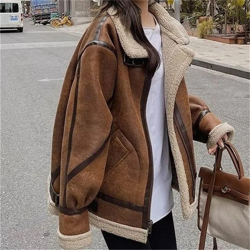 Vintage Lamb Fur Coat For Women Autumn Winter 2026 New Loose Korean Motorcycle Suit Thickened Jacket Caramel Coat For Women