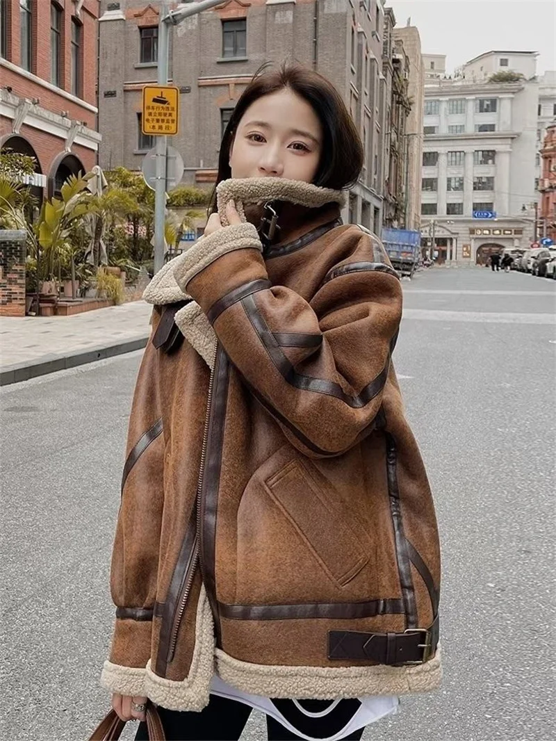 Vintage Lamb Fur Coat For Women Autumn Winter 2026 New Loose Korean Motorcycle Suit Thickened Jacket Caramel Coat For Women