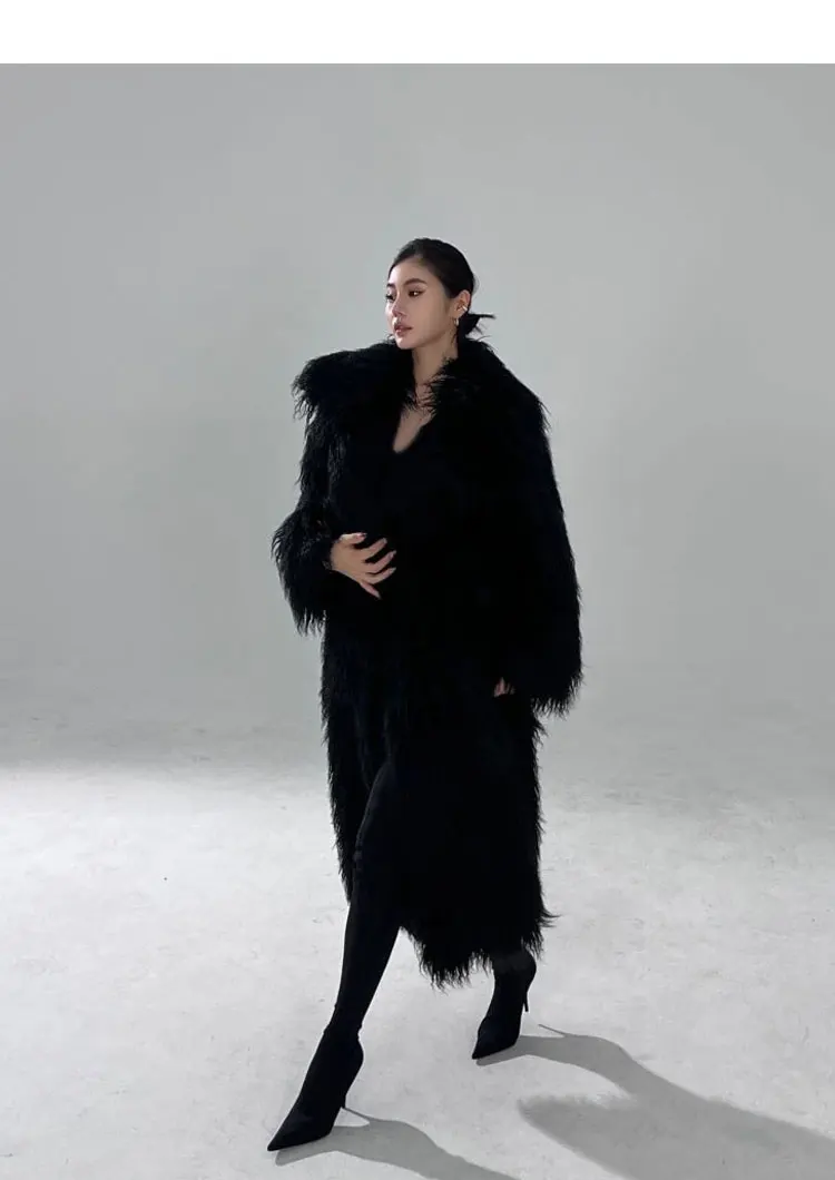 Lautaro Winter Long Black Hairy Shaggy Thick Warm Soft Fluffy Faux Fur Coat Women Sashes Luxury Designer Overcoat Runway Fashion