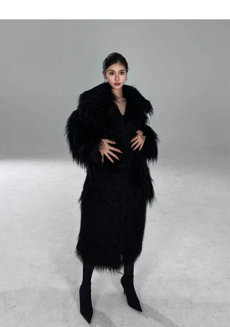 Lautaro Winter Long Black Hairy Shaggy Thick Warm Soft Fluffy Faux Fur Coat Women Sashes Luxury Designer Overcoat Runway Fashion