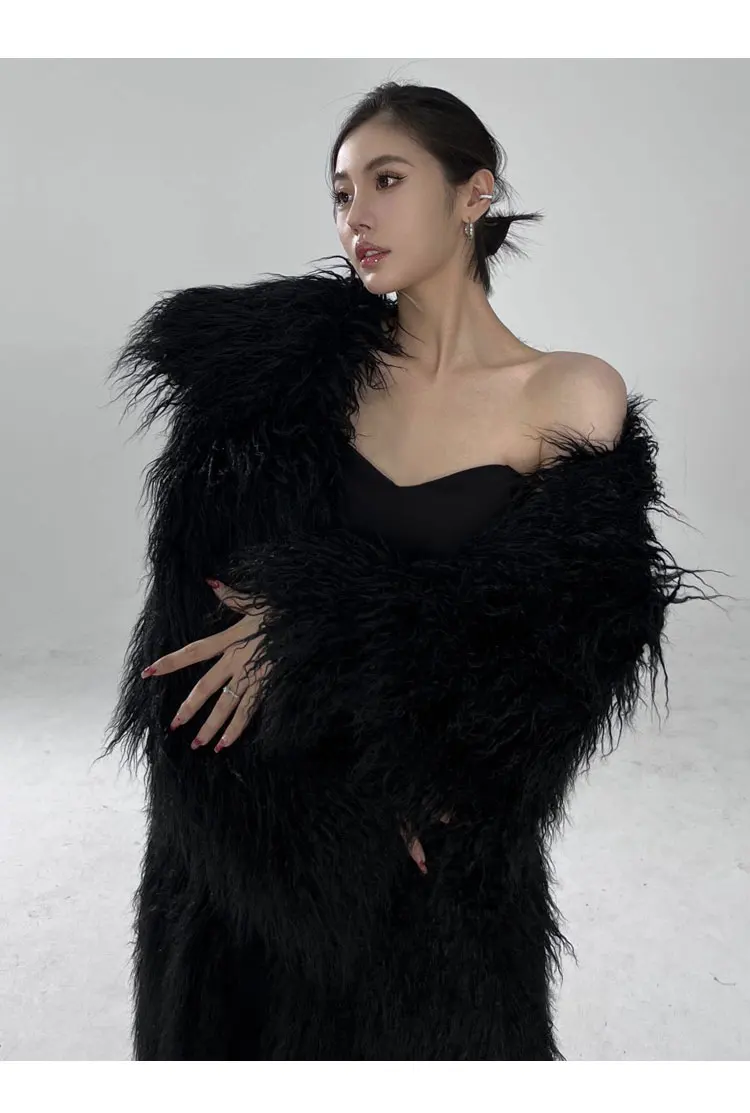 Lautaro Winter Long Black Hairy Shaggy Thick Warm Soft Fluffy Faux Fur Coat Women Sashes Luxury Designer Overcoat Runway Fashion
