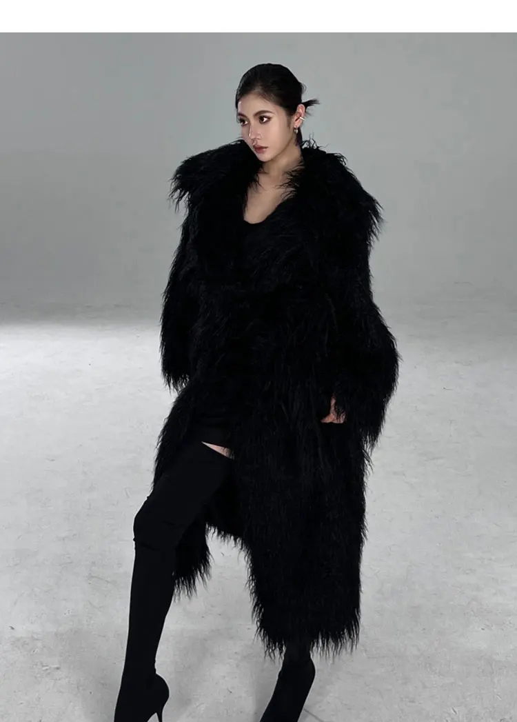 Lautaro Winter Long Black Hairy Shaggy Thick Warm Soft Fluffy Faux Fur Coat Women Sashes Luxury Designer Overcoat Runway Fashion