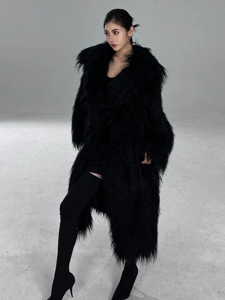 Lautaro Winter Long Black Hairy Shaggy Thick Warm Soft Fluffy Faux Fur Coat Women Sashes Luxury Designer Overcoat Runway Fashion