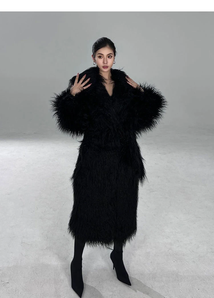 Lautaro Winter Long Black Hairy Shaggy Thick Warm Soft Fluffy Faux Fur Coat Women Sashes Luxury Designer Overcoat Runway Fashion