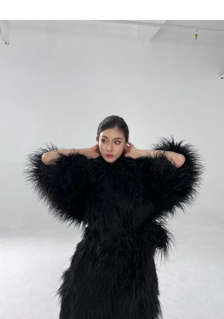 Lautaro Winter Long Black Hairy Shaggy Thick Warm Soft Fluffy Faux Fur Coat Women Sashes Luxury Designer Overcoat Runway Fashion
