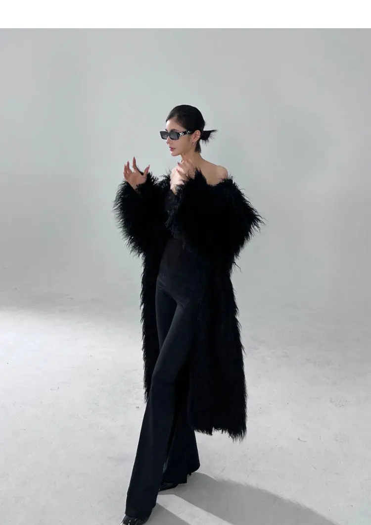 Lautaro Winter Long Black Hairy Shaggy Thick Warm Soft Fluffy Faux Fur Coat Women Sashes Luxury Designer Overcoat Runway Fashion