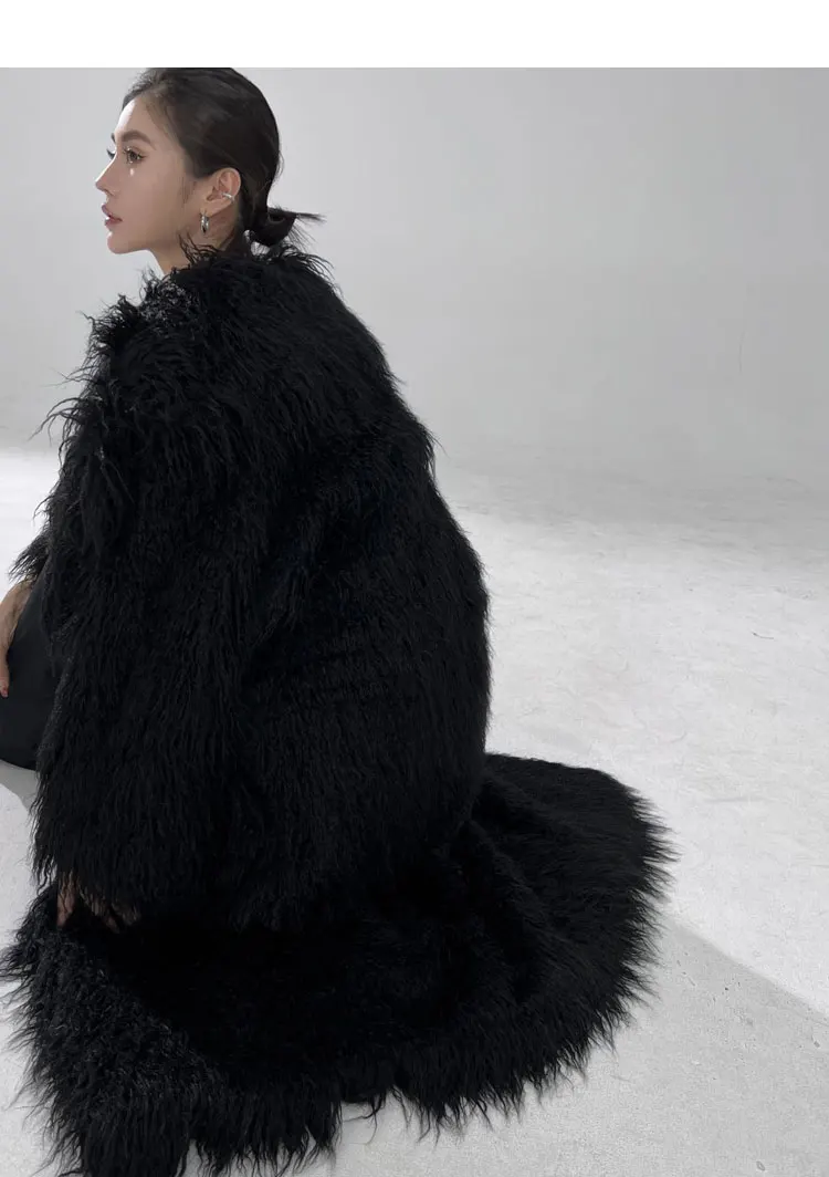 Lautaro Winter Long Black Hairy Shaggy Thick Warm Soft Fluffy Faux Fur Coat Women Sashes Luxury Designer Overcoat Runway Fashion