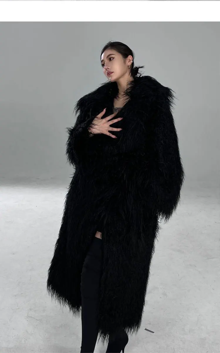 Lautaro Winter Long Black Hairy Shaggy Thick Warm Soft Fluffy Faux Fur Coat Women Sashes Luxury Designer Overcoat Runway Fashion
