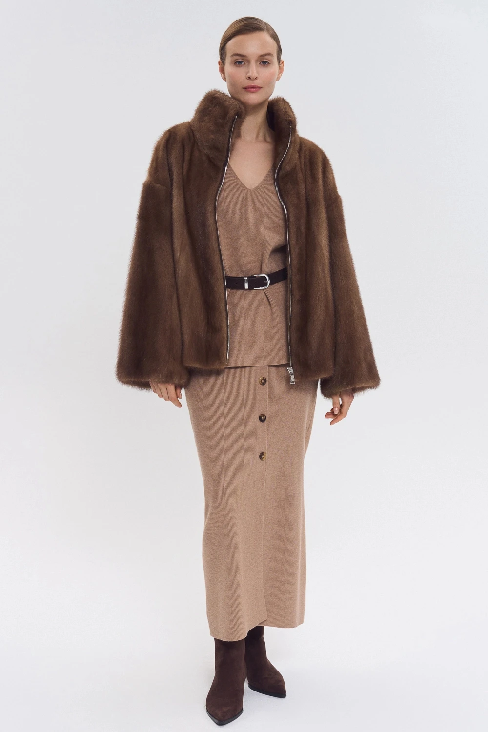 IG 2026 Women High Collar Zip Faux Mink Fur Jacket Short Loose Fit Long Sleeve Luxury Warm Winter Daily Fashion Outer Coat