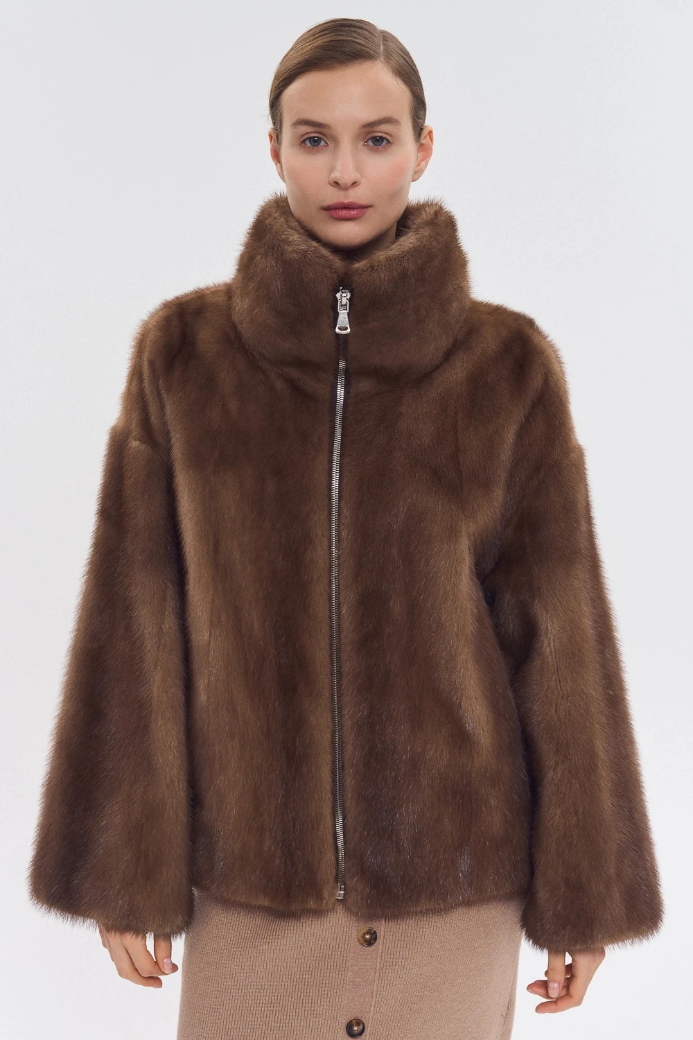 IG 2026 Women High Collar Zip Faux Mink Fur Jacket Short Loose Fit Long Sleeve Luxury Warm Winter Daily Fashion Outer Coat