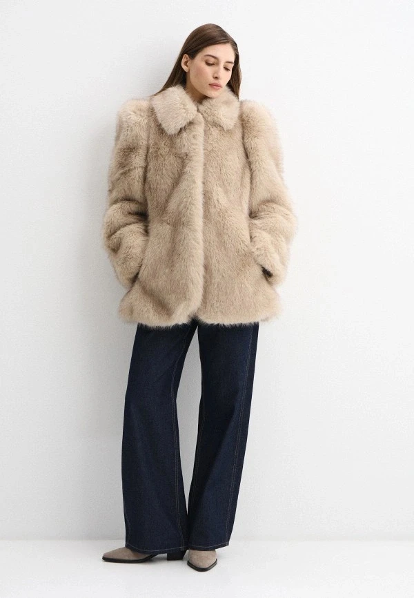 IG Women Wide Lapel Cinched Waist Faux Fur Coat, Peplum Hem Mid-Length Fluffy Jacket, Side Pockets Winter Warm Beige Casual Oute