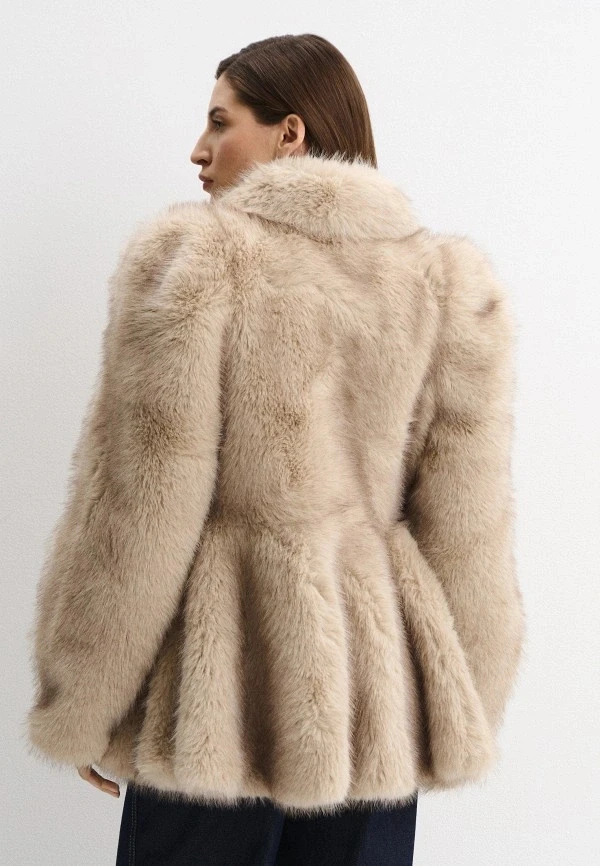 IG Women Wide Lapel Cinched Waist Faux Fur Coat, Peplum Hem Mid-Length Fluffy Jacket, Side Pockets Winter Warm Beige Casual Oute