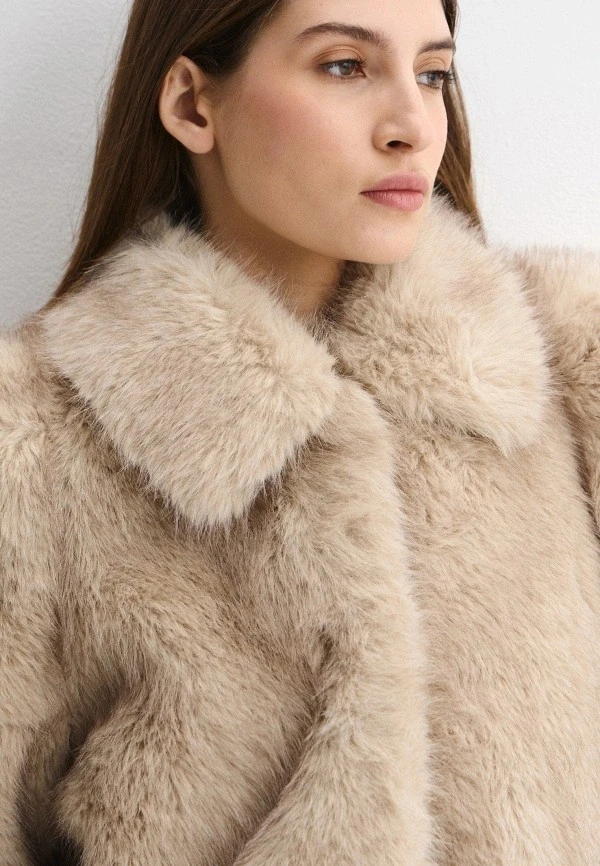 IG Women Wide Lapel Cinched Waist Faux Fur Coat, Peplum Hem Mid-Length Fluffy Jacket, Side Pockets Winter Warm Beige Casual Oute