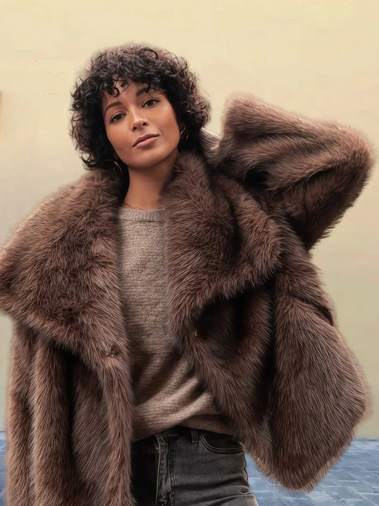 New European American Lapel Long-sleeved Fur Coat for Women 2025 Solid Color Versatile Faux Fur Top Coat Plus-size Women's Wear
