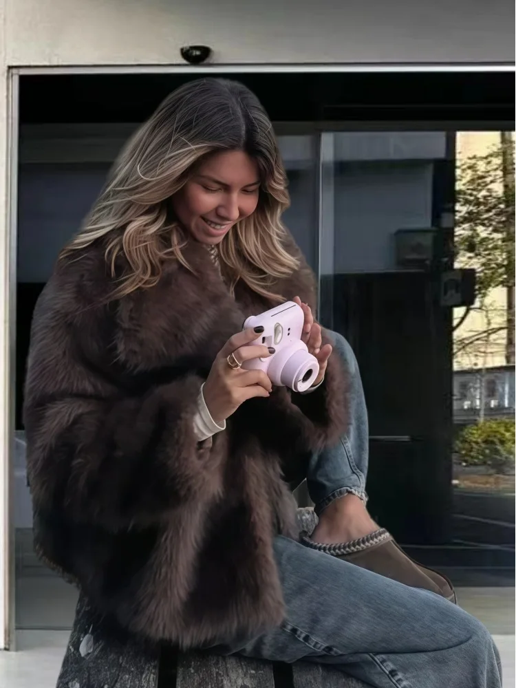 New European American Lapel Long-sleeved Fur Coat for Women 2025 Solid Color Versatile Faux Fur Top Coat Plus-size Women's Wear