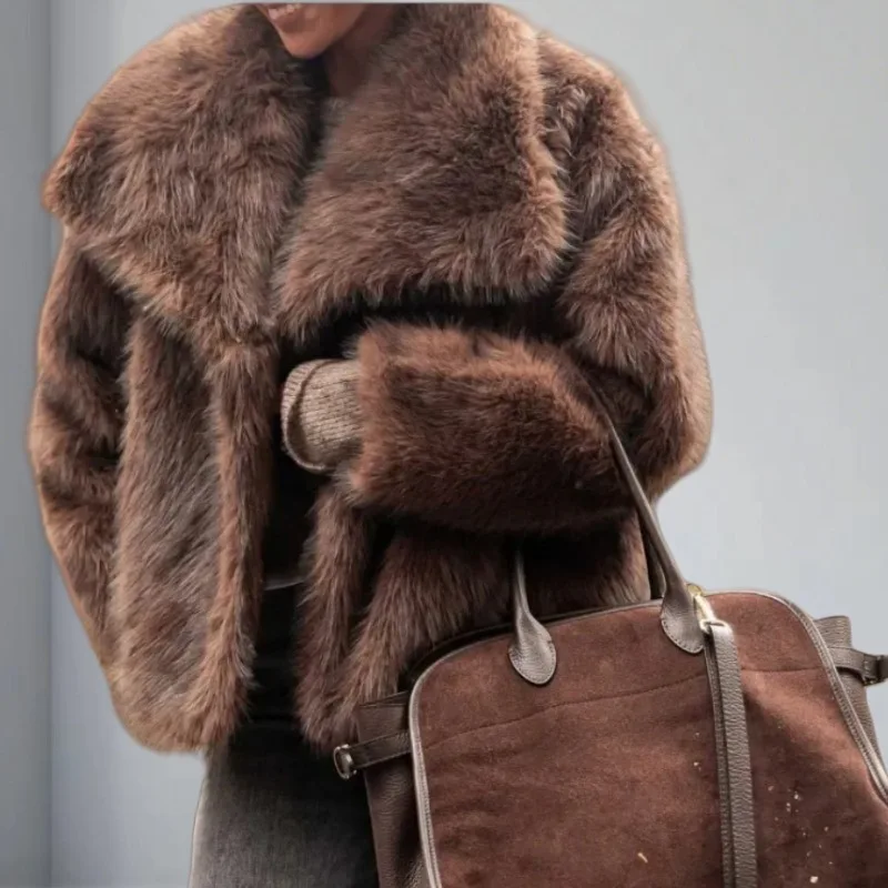 New European American Lapel Long-sleeved Fur Coat for Women 2025 Solid Color Versatile Faux Fur Top Coat Plus-size Women's Wear