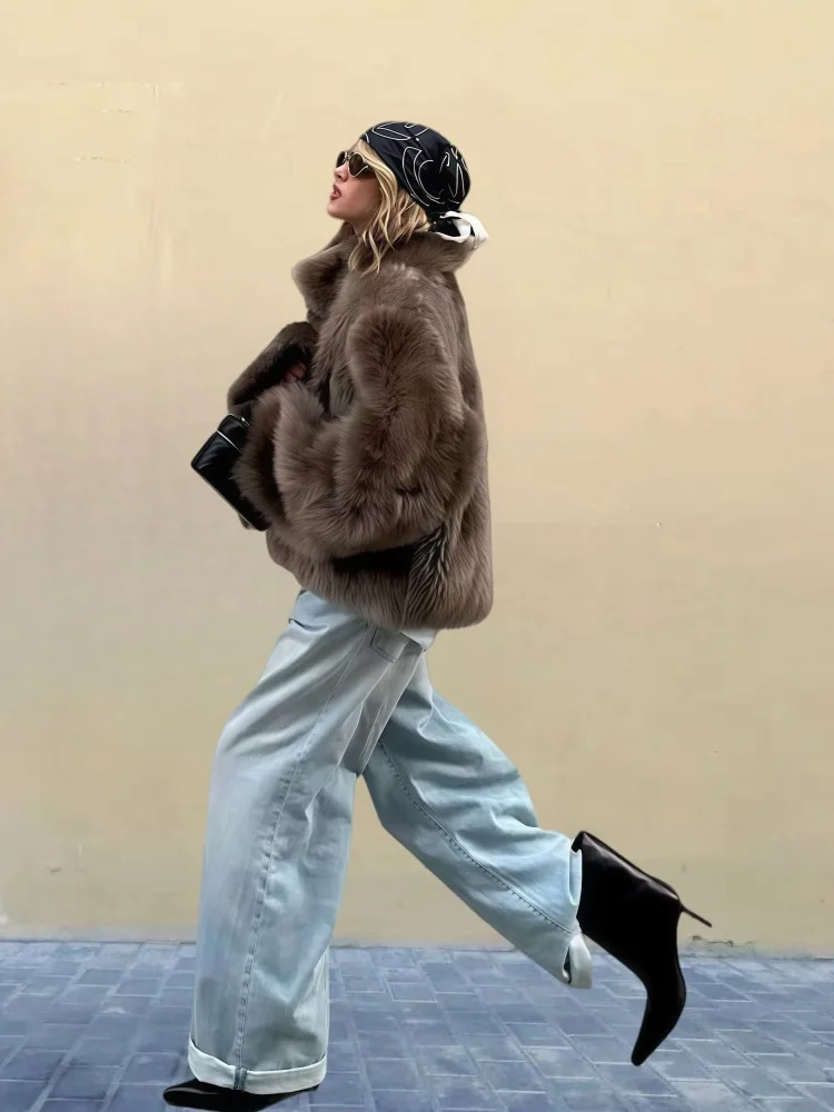 New European American Lapel Long-sleeved Fur Coat for Women 2025 Solid Color Versatile Faux Fur Top Coat Plus-size Women's Wear