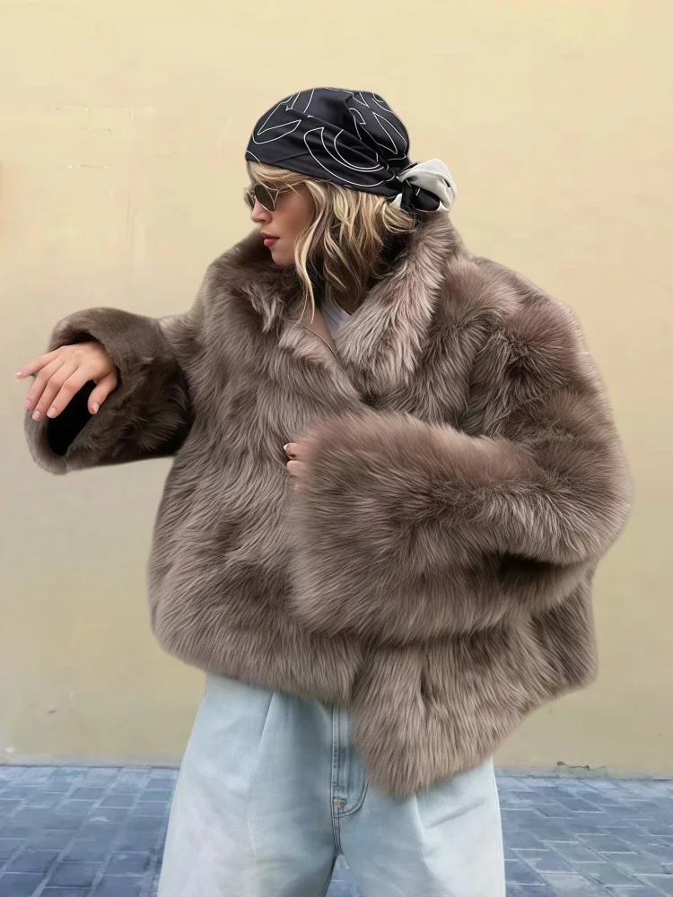 New European American Lapel Long-sleeved Fur Coat for Women 2025 Solid Color Versatile Faux Fur Top Coat Plus-size Women's Wear