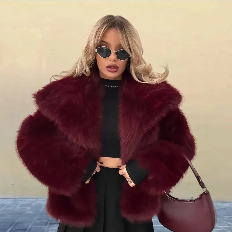 New European American Lapel Long-sleeved Fur Coat for Women 2025 Solid Color Versatile Faux Fur Top Coat Plus-size Women's Wear