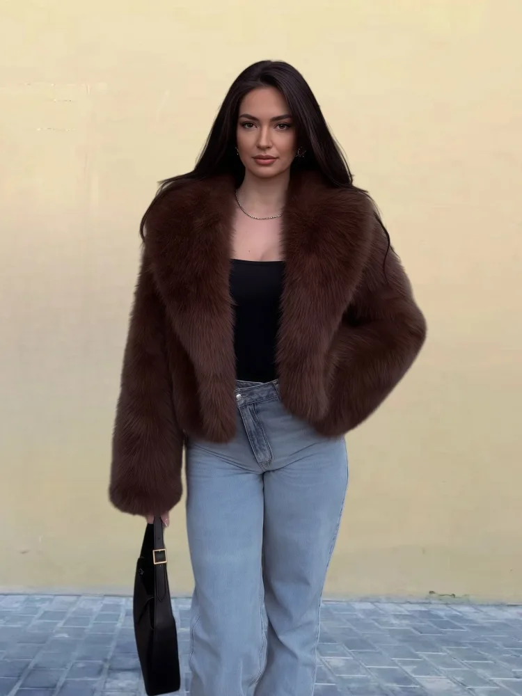 New European American Lapel Long-sleeved Fur Coat for Women 2025 Solid Color Versatile Faux Fur Top Coat Plus-size Women's Wear