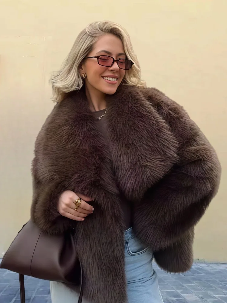 New European American Lapel Long-sleeved Fur Coat for Women 2025 Solid Color Versatile Faux Fur Top Coat Plus-size Women's Wear
