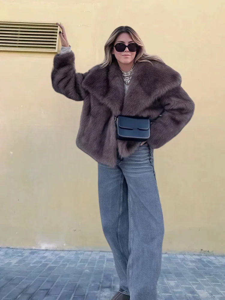 New European American Lapel Long-sleeved Fur Coat for Women 2025 Solid Color Versatile Faux Fur Top Coat Plus-size Women's Wear