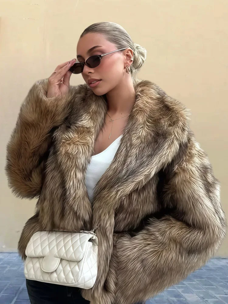New European American Lapel Long-sleeved Fur Coat for Women 2025 Solid Color Versatile Faux Fur Top Coat Plus-size Women's Wear