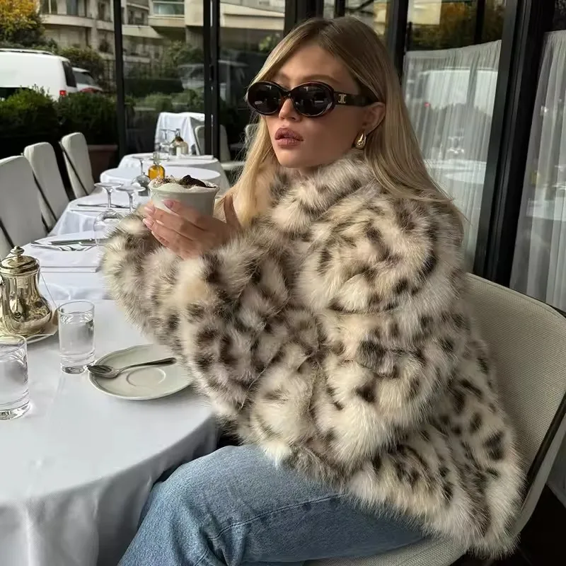 Faux Fur Coats Women Casual Coat Turn Down Collar Full Sleeve Leopard Print Open Stitch Thick Warm Jackets Street Wear Winter