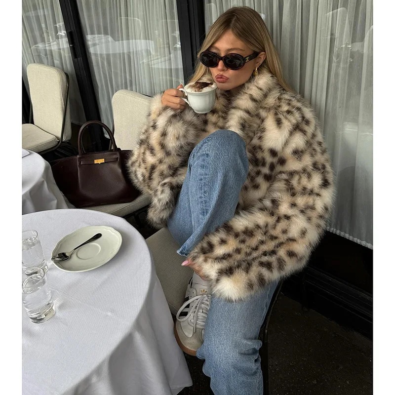 Faux Fur Coats Women Casual Coat Turn Down Collar Full Sleeve Leopard Print Open Stitch Thick Warm Jackets Street Wear Winter