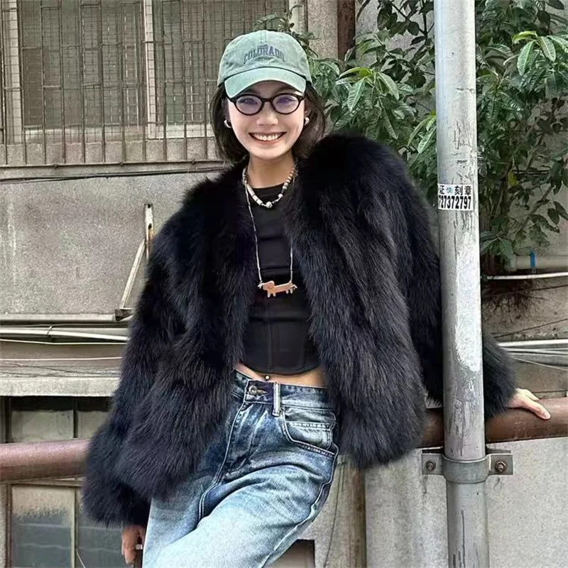 2024 Imitation Fox Fur Eco Friendly Fur Coat Cardigan Women's Winter New Black Short Style Slim and Fashionable Young Fur Coat