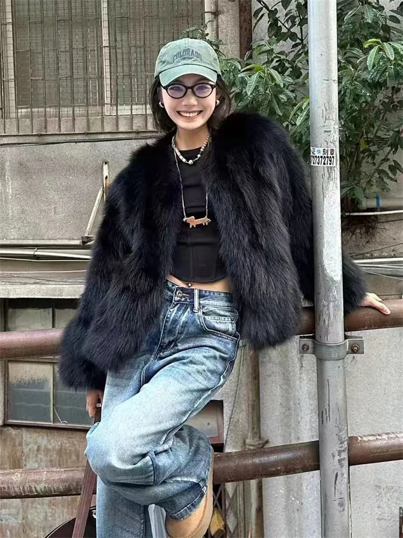 2024 Imitation Fox Fur Eco Friendly Fur Coat Cardigan Women's Winter New Black Short Style Slim and Fashionable Young Fur Coat