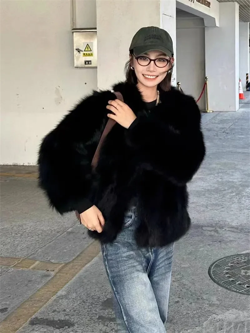 2024 Imitation Fox Fur Eco Friendly Fur Coat Cardigan Women's Winter New Black Short Style Slim and Fashionable Young Fur Coat
